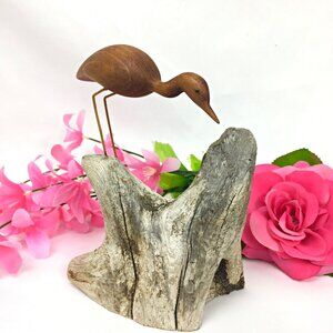 Vintage Hand Carved Folk Art Wood Bird on Driftwood Primitive Sculpture Signed